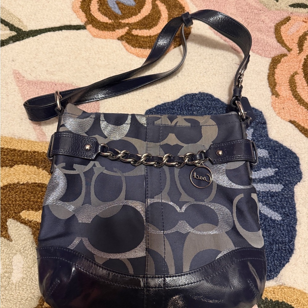 Coach Navy and Silver Signature Chain Shoulder Bag